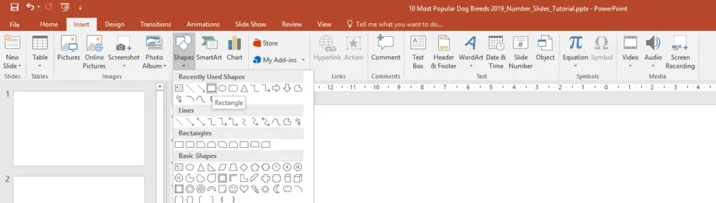 Step 1 screenshot - In PowerPoint, choose insert menu, select shapes - yourslidebuddy.com
