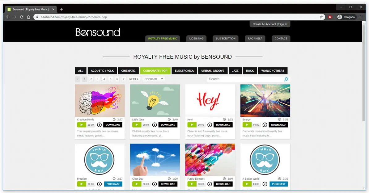 Screenshot of Bensound homepage