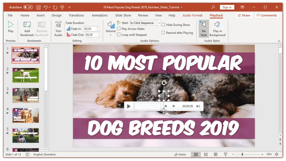 Speaker icon and audio menu bar showing on PowerPoint slide to show music has been added.