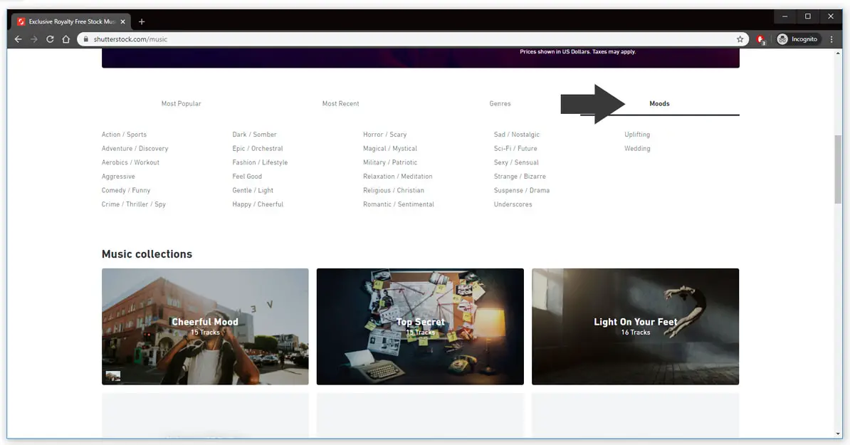 screenshot of Shutterstock music options