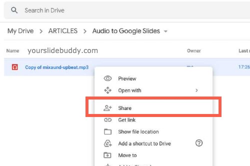 screenshot of Share menu option in google drive link