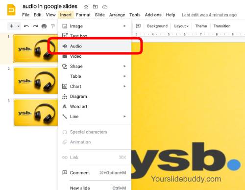 screenshot: In google slides, under the the insert menu, choose audio option to add audio file - yourslidebuddy.com