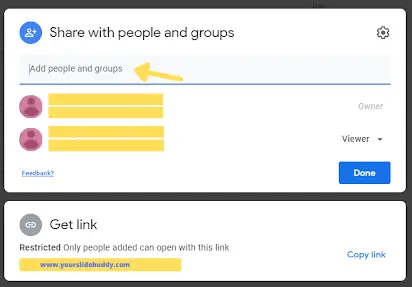 screenshot sharing your slideshow to a specific person, group, or audience.