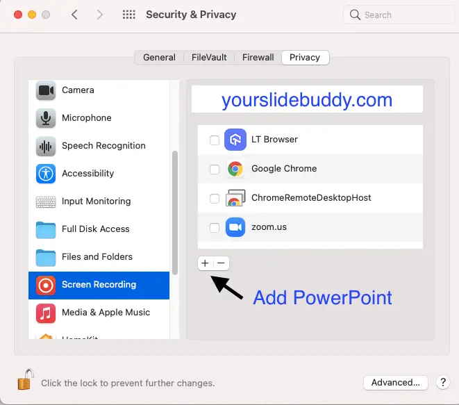 Privacy Settings to enable PowerPoint permissions to Record Screen for MacOS